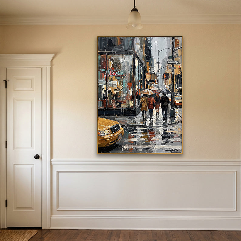 Sophisticated hallway displaying a vertical rainy Manhattan painting above white wainscoting.
