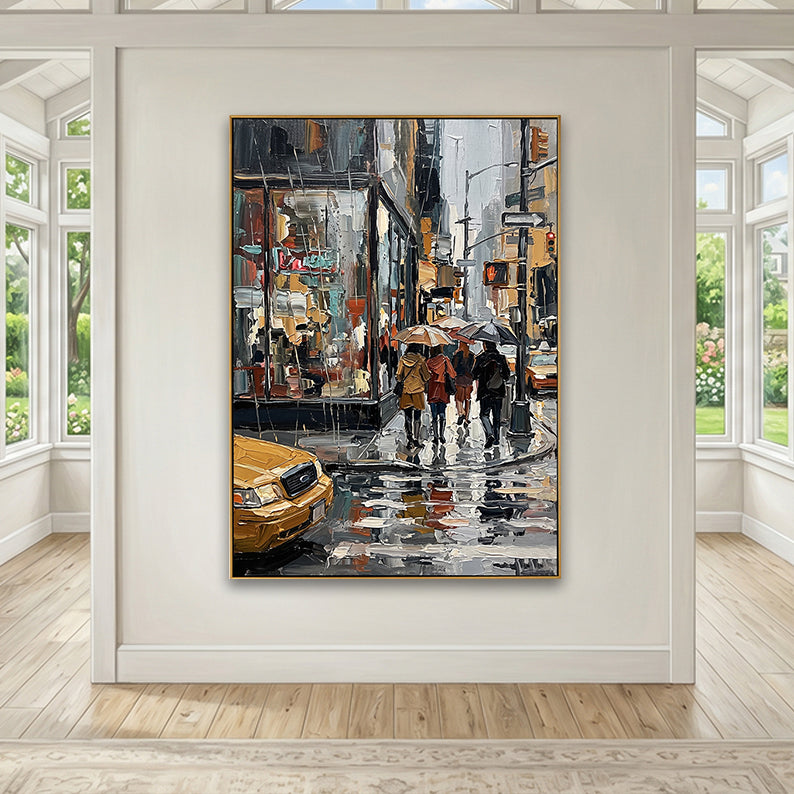 Sunlit gallery room with hardwood floors featuring a large rainy NYC streetscape on the center wall.