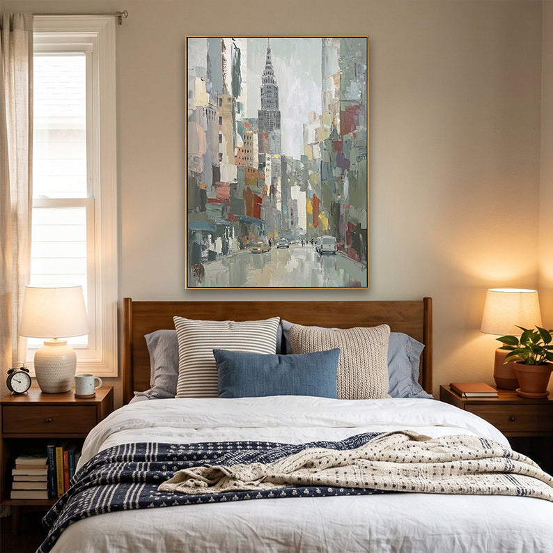 Serene bedroom decor with a wooden headboard and hand-painted Chrysler Building art as the centerpiece.