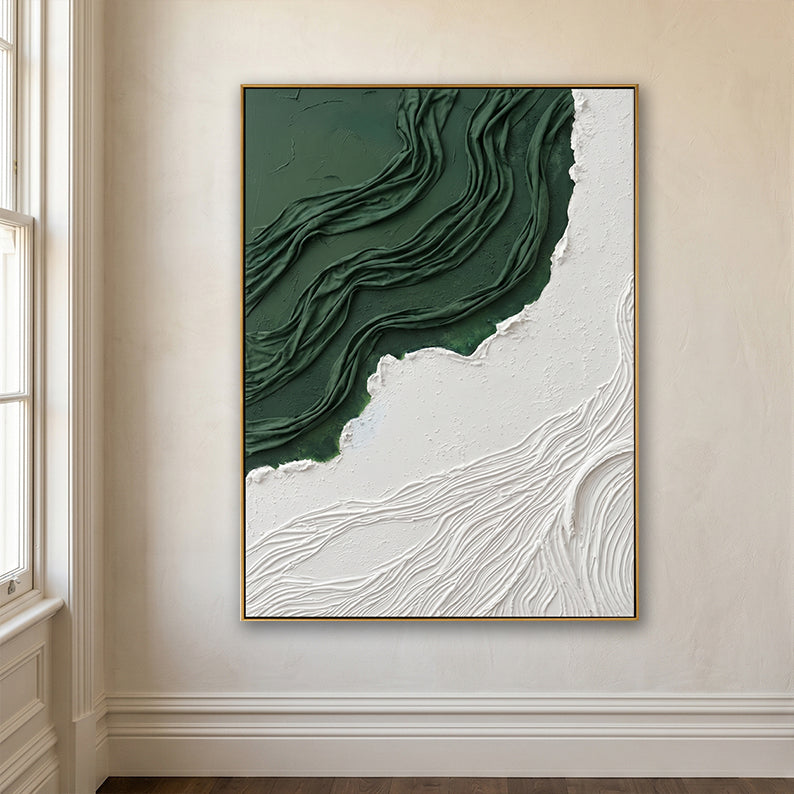 Detailed view of flowing 3D white and green texture on a clean white wall with floor molding.