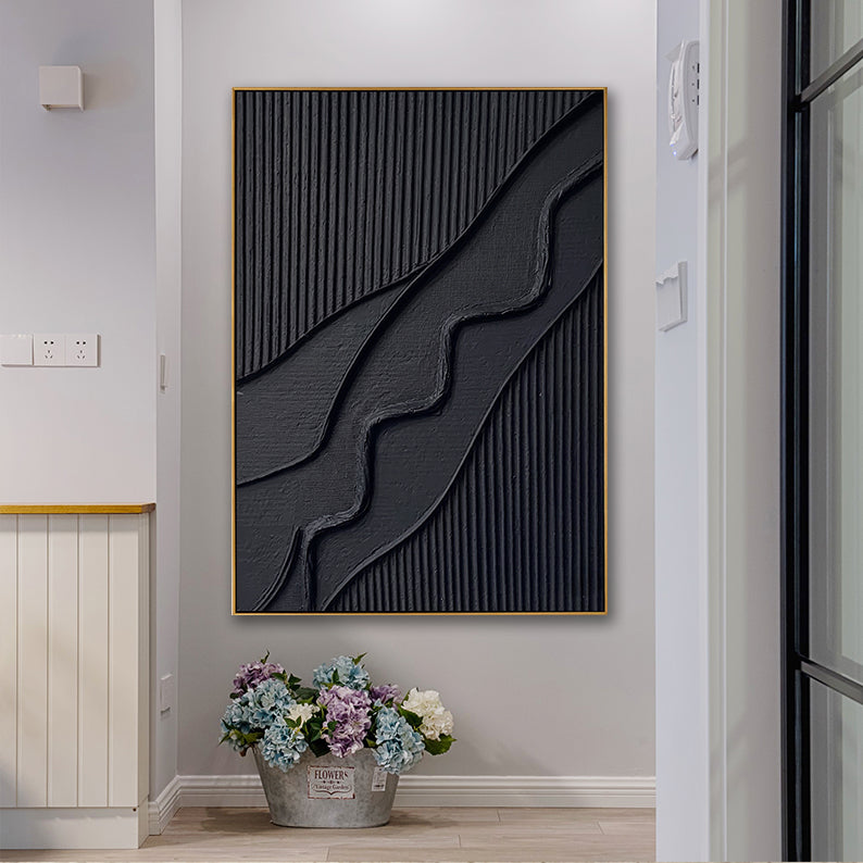 Minimalist Obsidian Black 3D Textured Relief Art #YX550