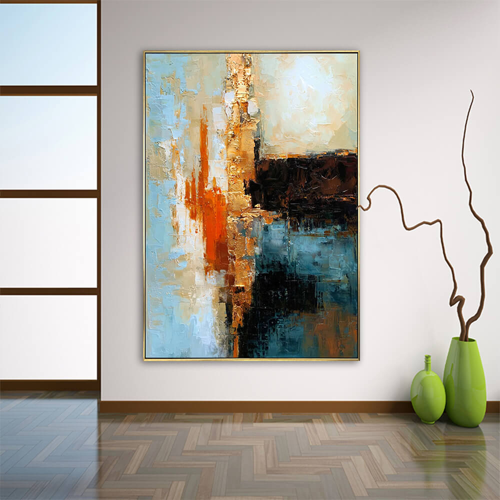 Modern entryway interior, gold framed tall vertical blue orange gold impasto abstract canvas wall art