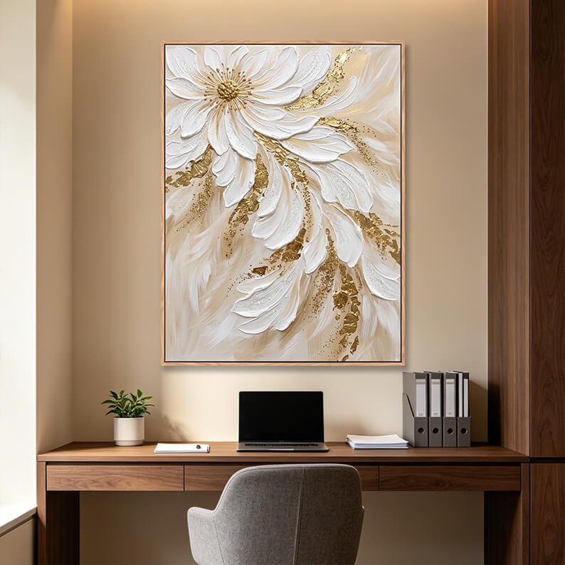 Hand painted vertical large white flower with cascading petals and gold details in modern home office, 3D impasto floral artwork above wooden desk