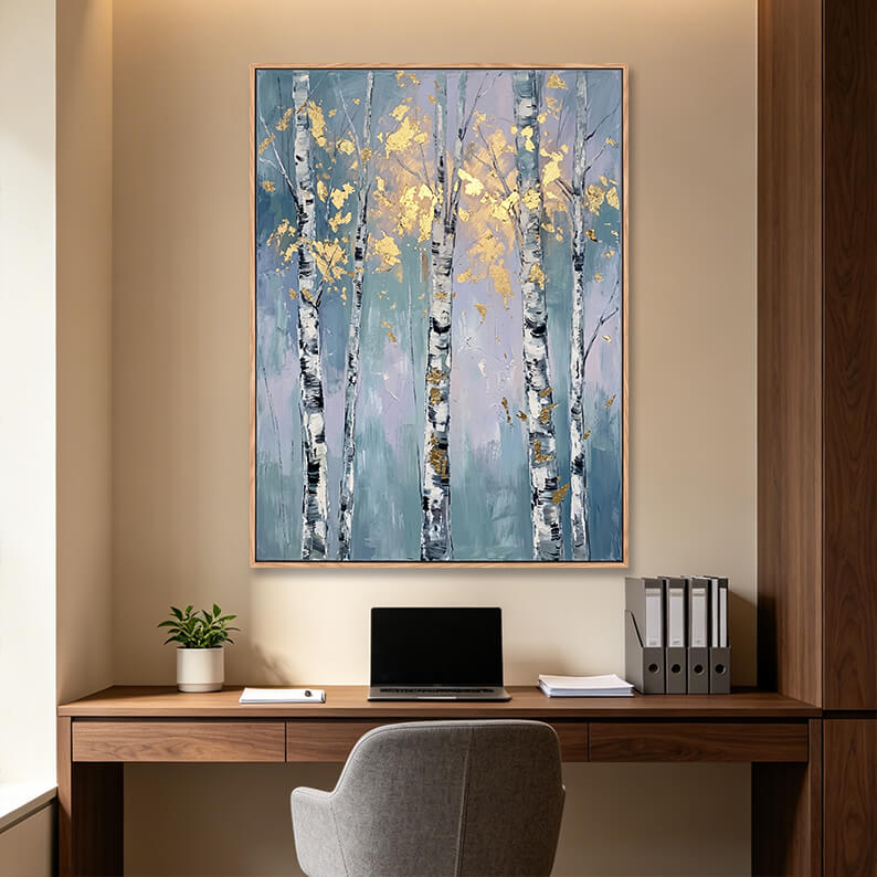 Hand painted vertical misty birch forest painting with gold leaves in modern home office, 3D impasto landscape artwork above wooden desk