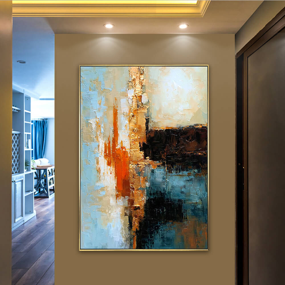 Long hallway wall decor, tall vertical blue orange gold palette knife abstract canvas under recessed ceiling lighting