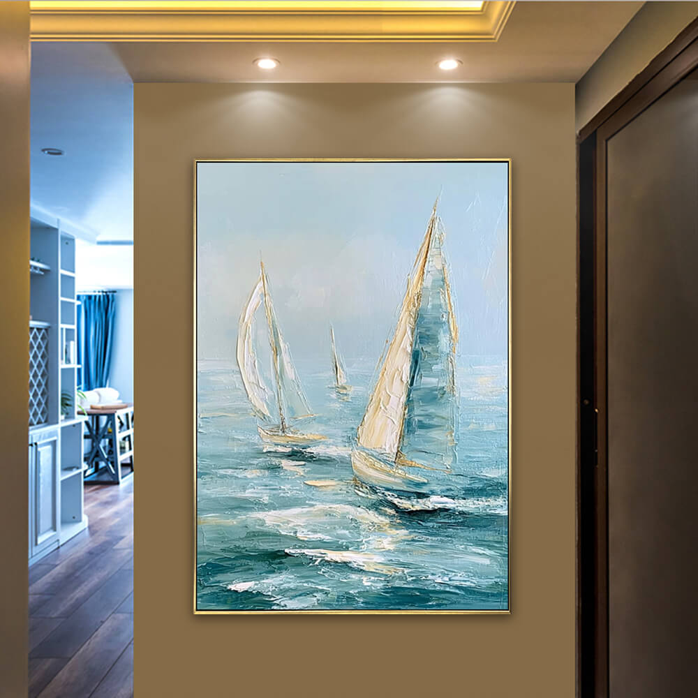 Tall vertical palette knife seascape canvas, heavy sculptural impasto sailboat ocean painting, hung in warm hallway accent wall