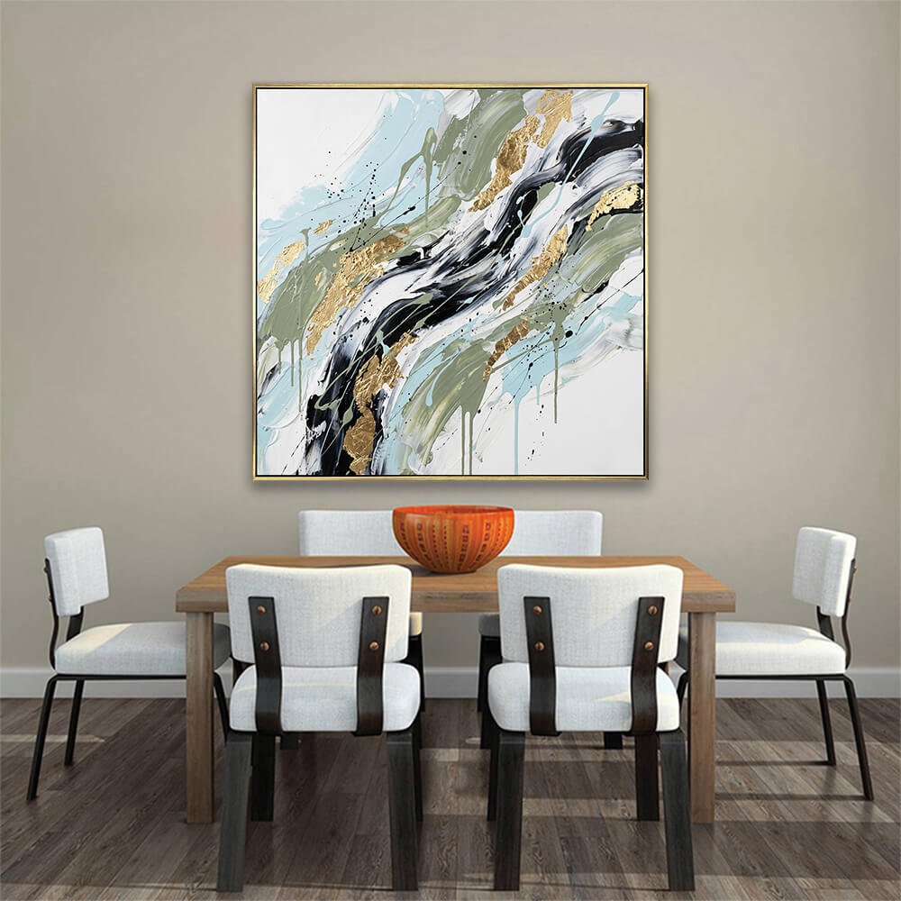 Thick texture sage sky blue black gold foil abstract canvas above wooden dining table, contemporary dining room luxury wall artwork VisualArti