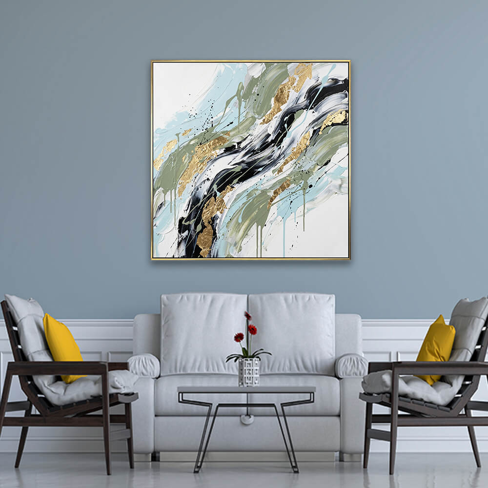 Heavy texture flowing abstract canvas with sage green & sky blue paint drips, real gold foil minimalist living room wall decor VisualArti