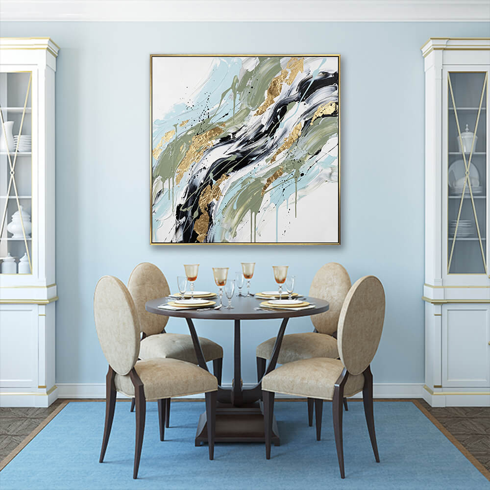 Square palette knife impasto abstract canvas with sage green sky blue gold leaf accents, elegant formal dining room interior wall decor VisualArti