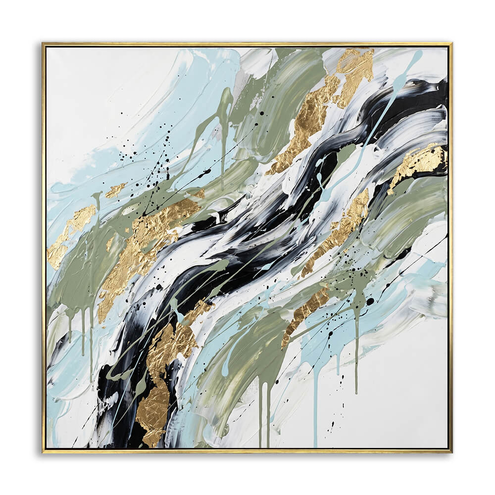 Square heavy texture hand-painted abstract canvas, thick palette knife impasto strokes, sage green sky blue fluid flow design, genuine gold foil leaf, paint drip splatter luxury wall art VisualArti