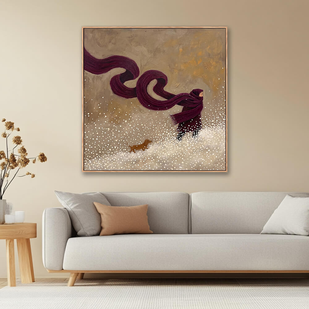 Winter snow scene dachshund painting in warm neutral living room with beige sofa