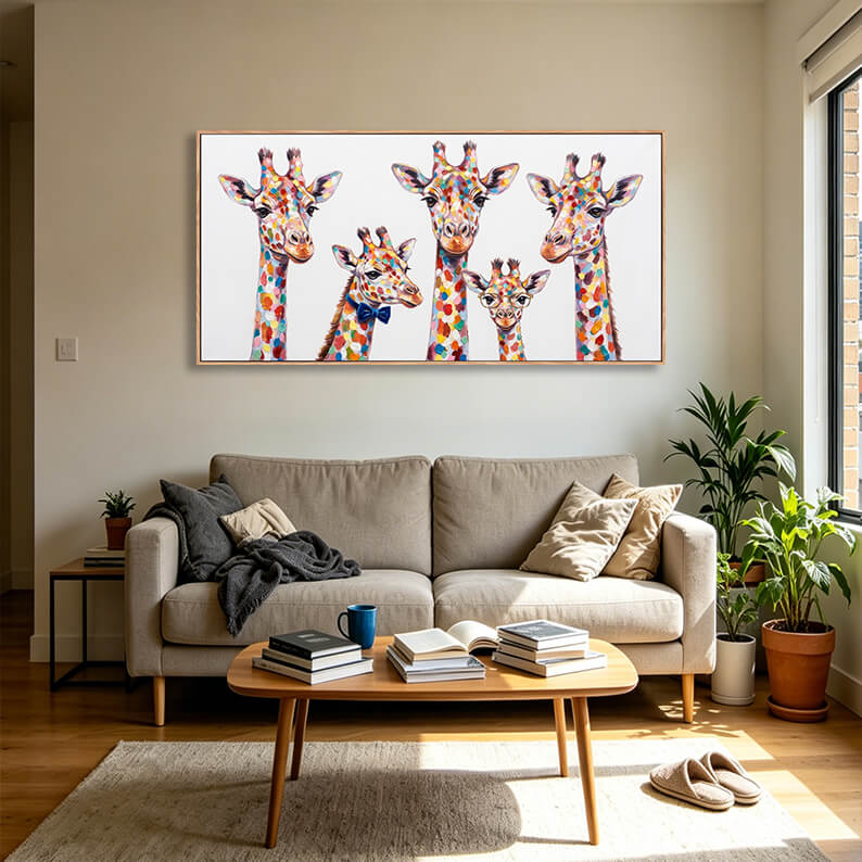 Original hand painted giraffe family portrait, five colorful giraffes including two baby giraffes with bow tie and glasses, vibrant impasto oil painting on canvas, animal themed wall decor
