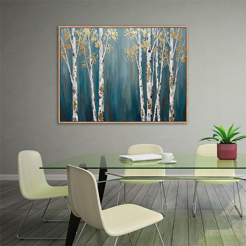 Contemporary dining room interior, framed teal forest landscape canvas, impasto birch tree grove wall art above glass dining table