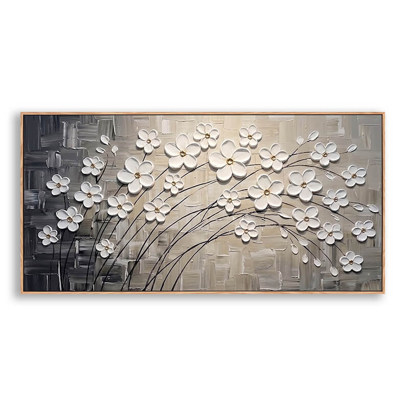 Close-up of a hand-painted palette knife floral canvas art featuring heavily textured white cherry blossoms with gold centers on a slate grey and warm beige background.