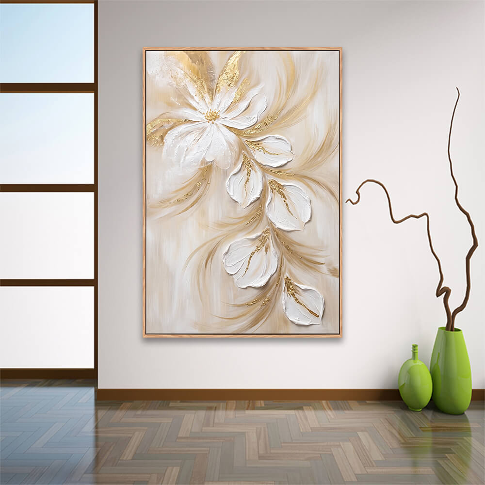 Minimalist room setting, wooden framed abstract flower canvas, sculptural impasto white cascading blossoms with gold accents