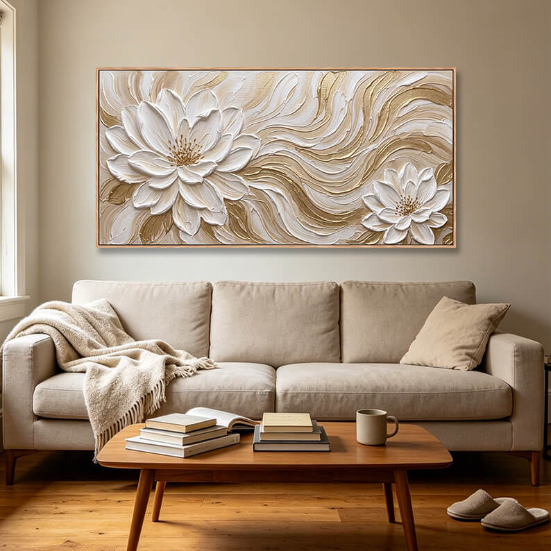 Original hand painted abstract floral painting, large sculpted white flowers with heavy impasto gold waves, elegant neutral artwork for contemporary interiors
