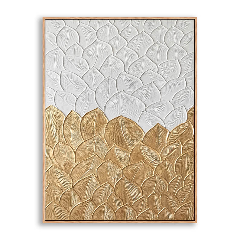 Vertical hand painted canvas featuring layered sculpted leaves with detailed veins, two-tone white and gold design, heavy 3D impasto relief texture, minimalist luxury abstract artwork