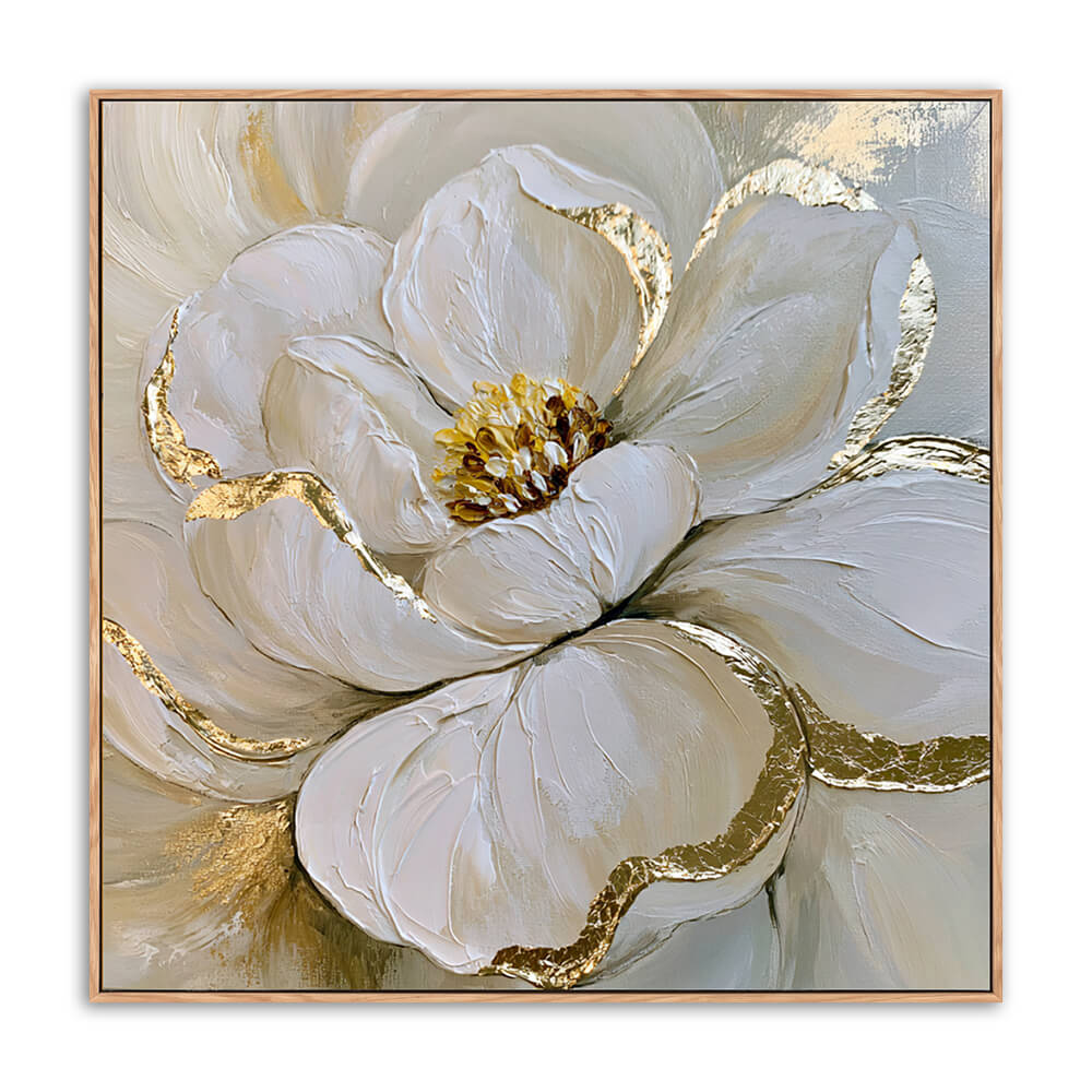 Hand-painted white peony canvas, close-up ivory white layered flower with metallic gold leaf petal outlines and golden stamen, soft sage beige background, light wood floating frame, isolated white background