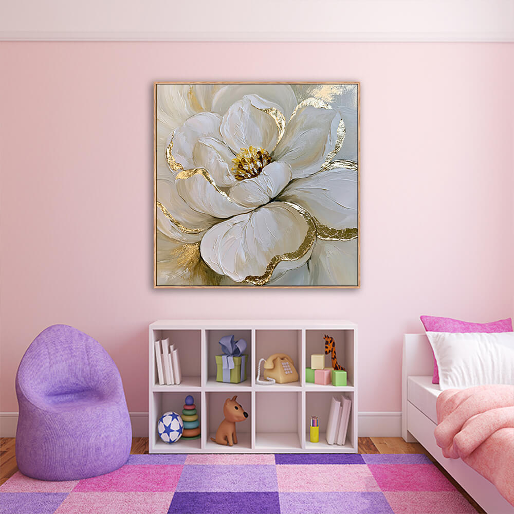 Elegant gold leaf peony floral canvas hanging in pink kids nursery with purple bean chair, white cubby toy shelf and colorful checkered rug