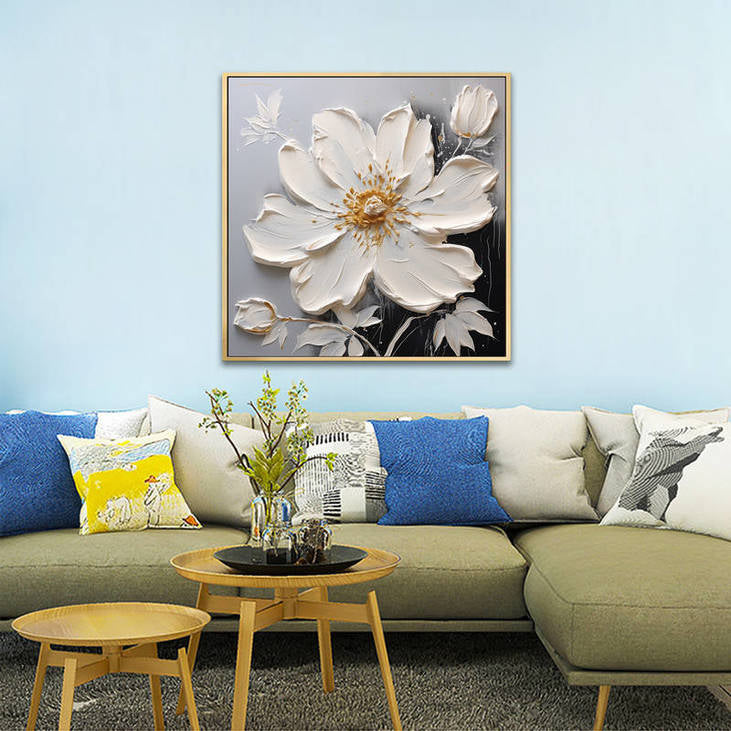 Abstract White Flower Art with Gold Details #VA107