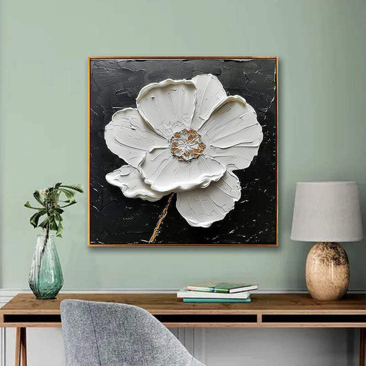 Minimalist White Poppy Impasto Painting #VA305