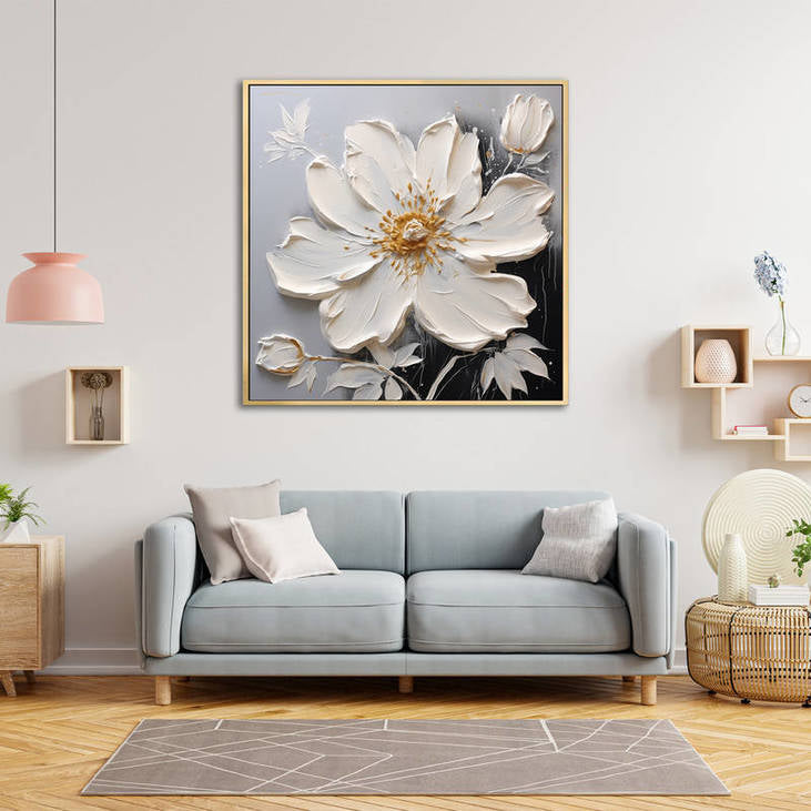 Abstract White Flower Art with Gold Details #VA107