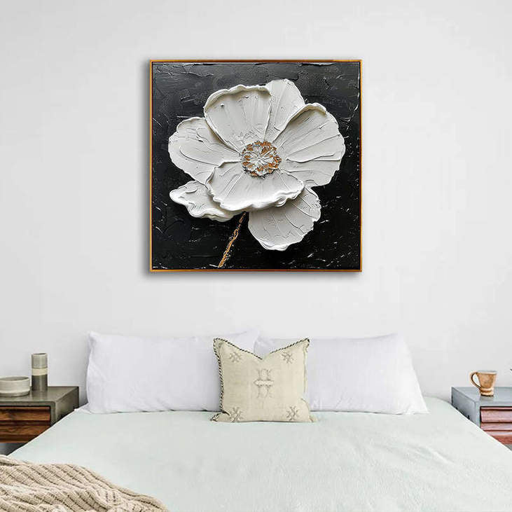 Minimalist White Poppy Impasto Painting #VA305