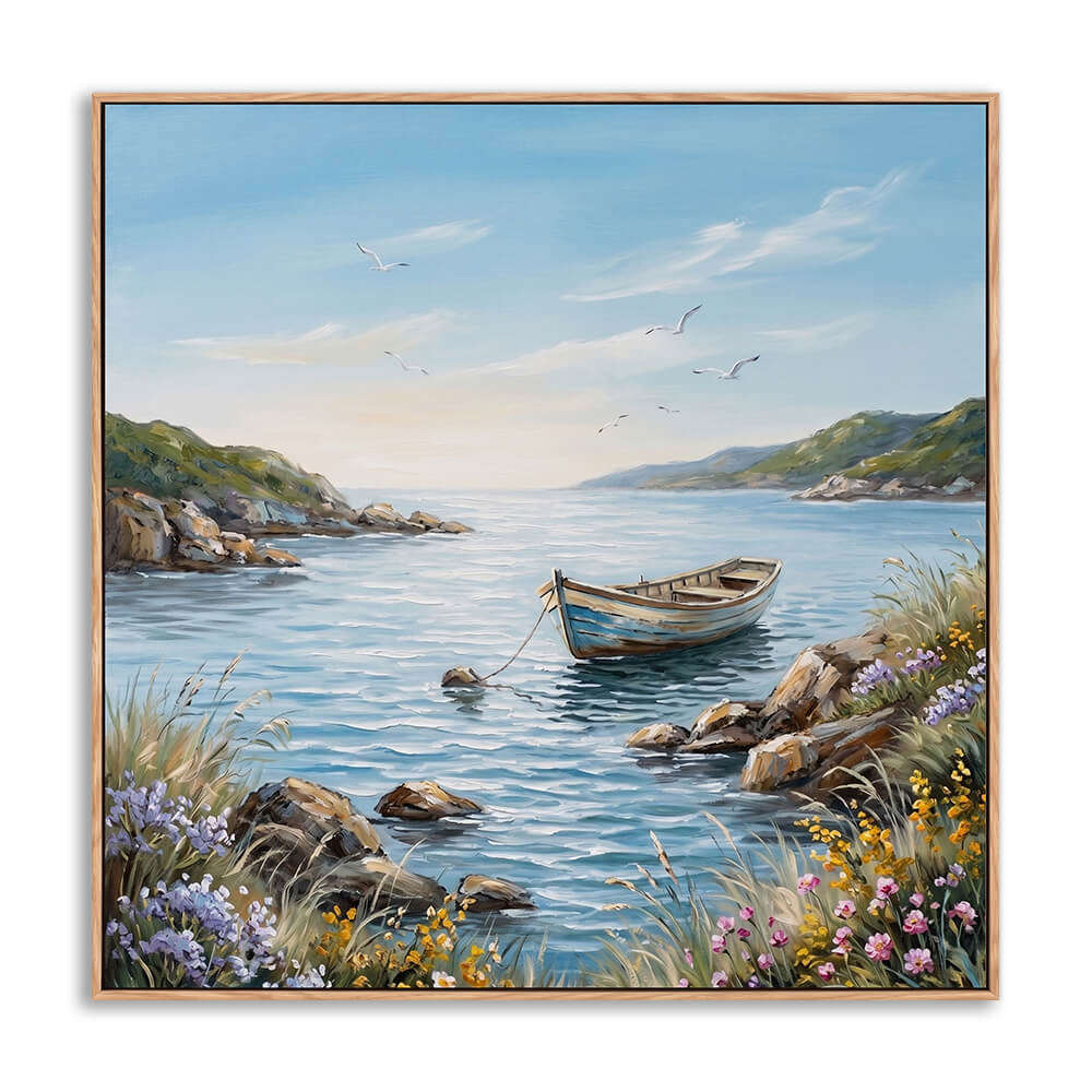 Hand painted coastal cove landscape with wooden boat, colorful wildflowers and seagulls on blue sky