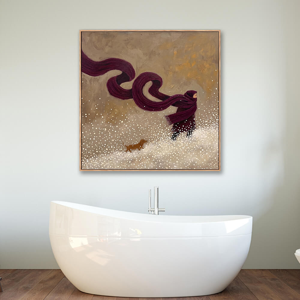 Hand painted winter scene with person in burgundy scarf walking dachshund dog in snow