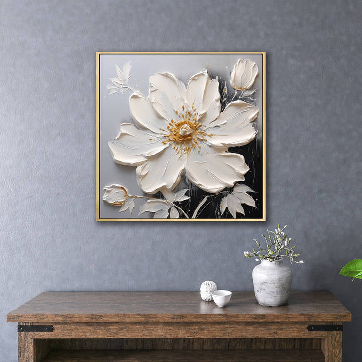 Abstract White Flower Art with Gold Details #VA107