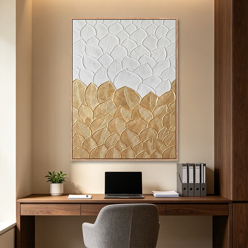 Hand painted vertical 3D leaf texture painting with white and gold sculpted leaves, detailed vein patterns, heavy impasto relief, modern luxury abstract artwork