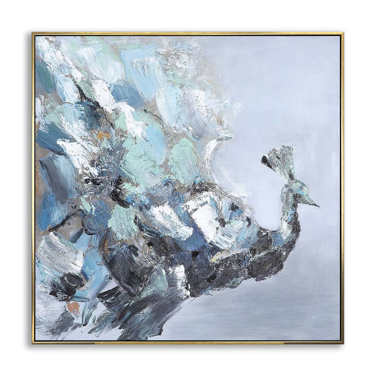 Abstract Peacock Canvas Painting | Blue Gray Textured Wall Decor #YX300