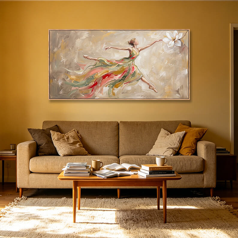 Framed ballerina canvas above beige sofa on warm yellow wall in modern living room