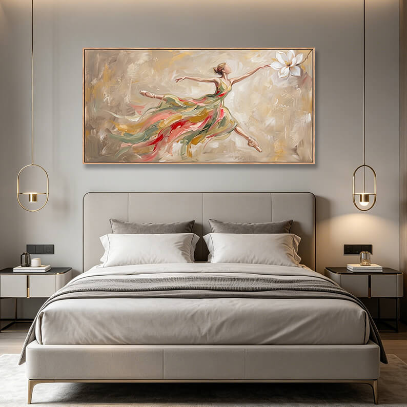 Large horizontal hand-painted ballerina dancer artwork displayed above a contemporary light gray upholstered bed