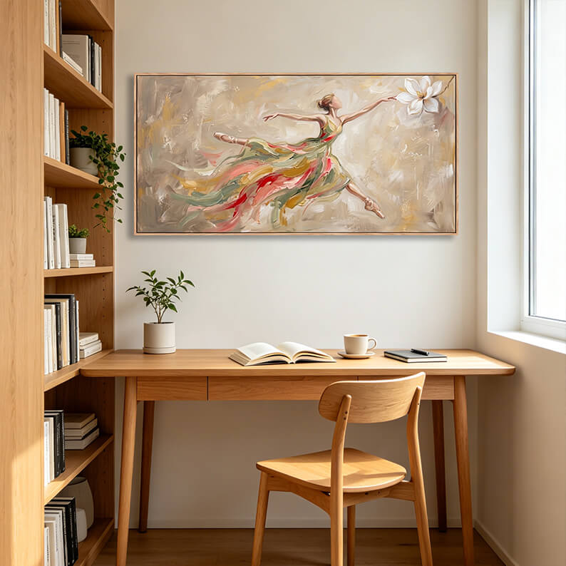 Graceful ballerina dancer hand-painted canvas artwork mounted on a white wall above a light oak wooden desk