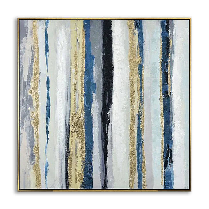 Hand Painted Abstract Blue Gold Striped Canvas Wall Art #YX301