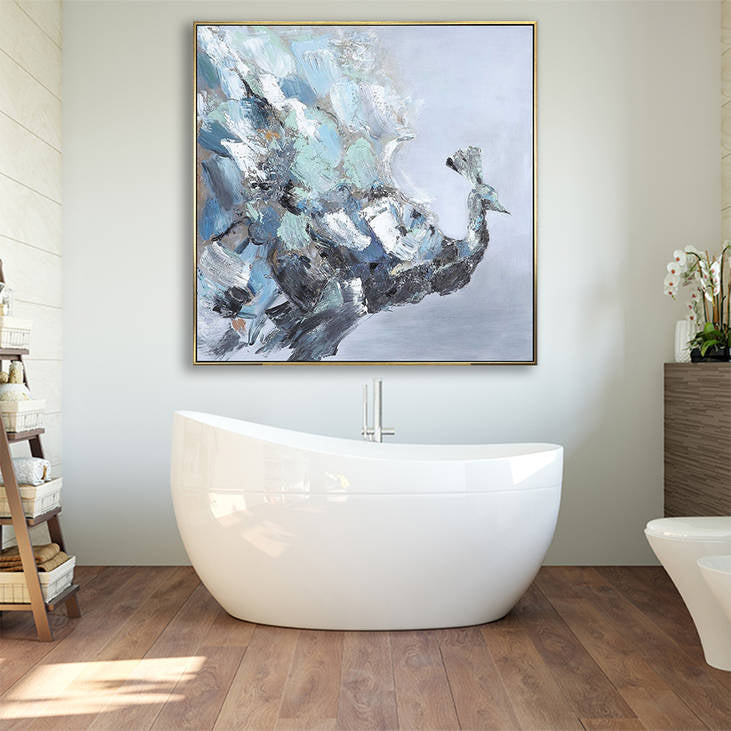 Abstract Peacock Canvas Painting | Blue Gray Textured Wall Decor #YX300