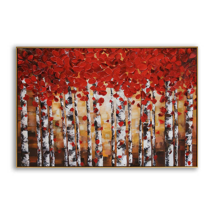 Handmade Birch Forest Red Leaf Canvas Painting #YX359