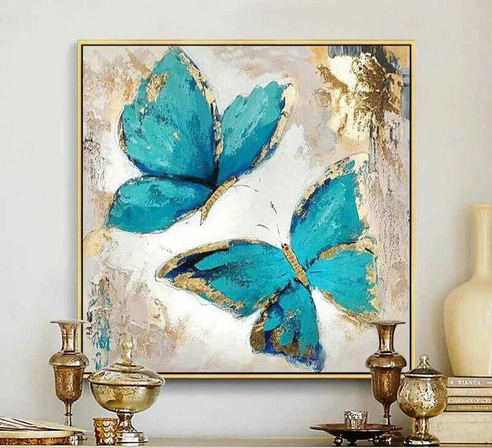 Elegant Blue Butterfly Art with Gold Accents #YX326