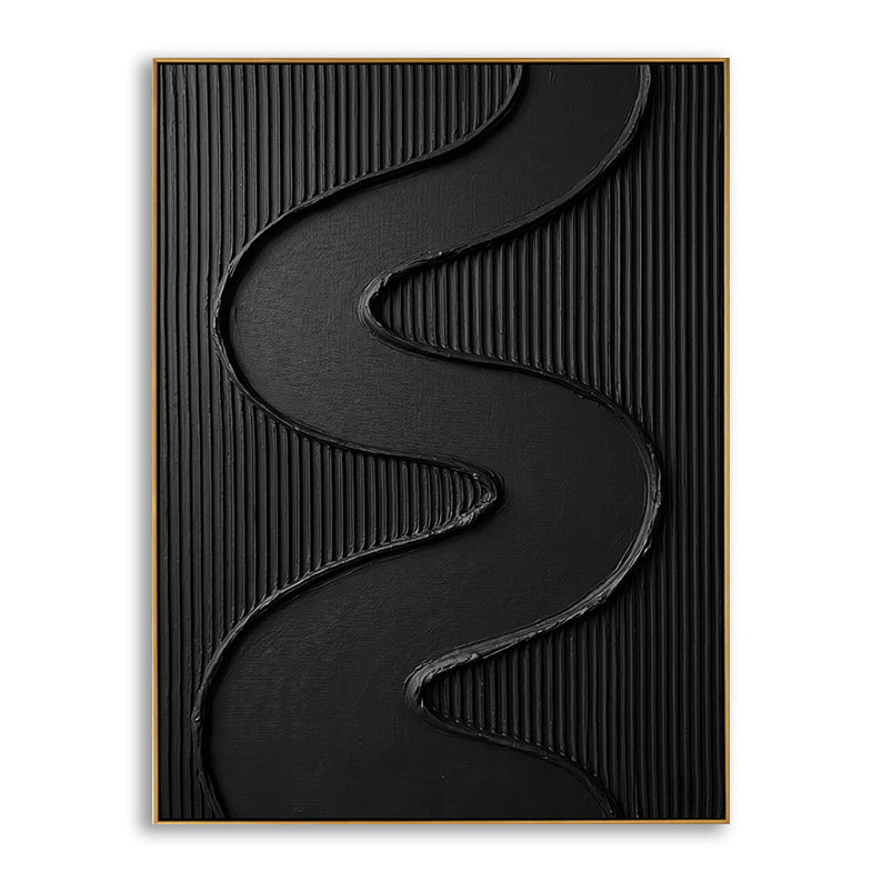 3D Textured Black Wavy Wall Art | Hand-Painted Minimalist Decor