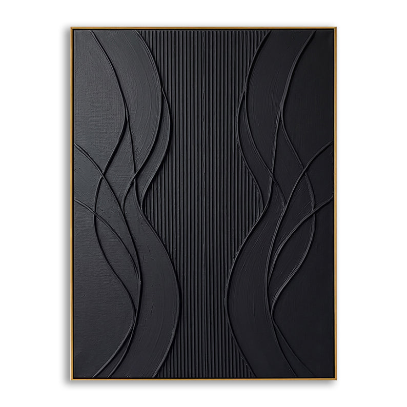 Front view of the 3D textured black abstract hand-painted canvas art isolated on a clean white background.