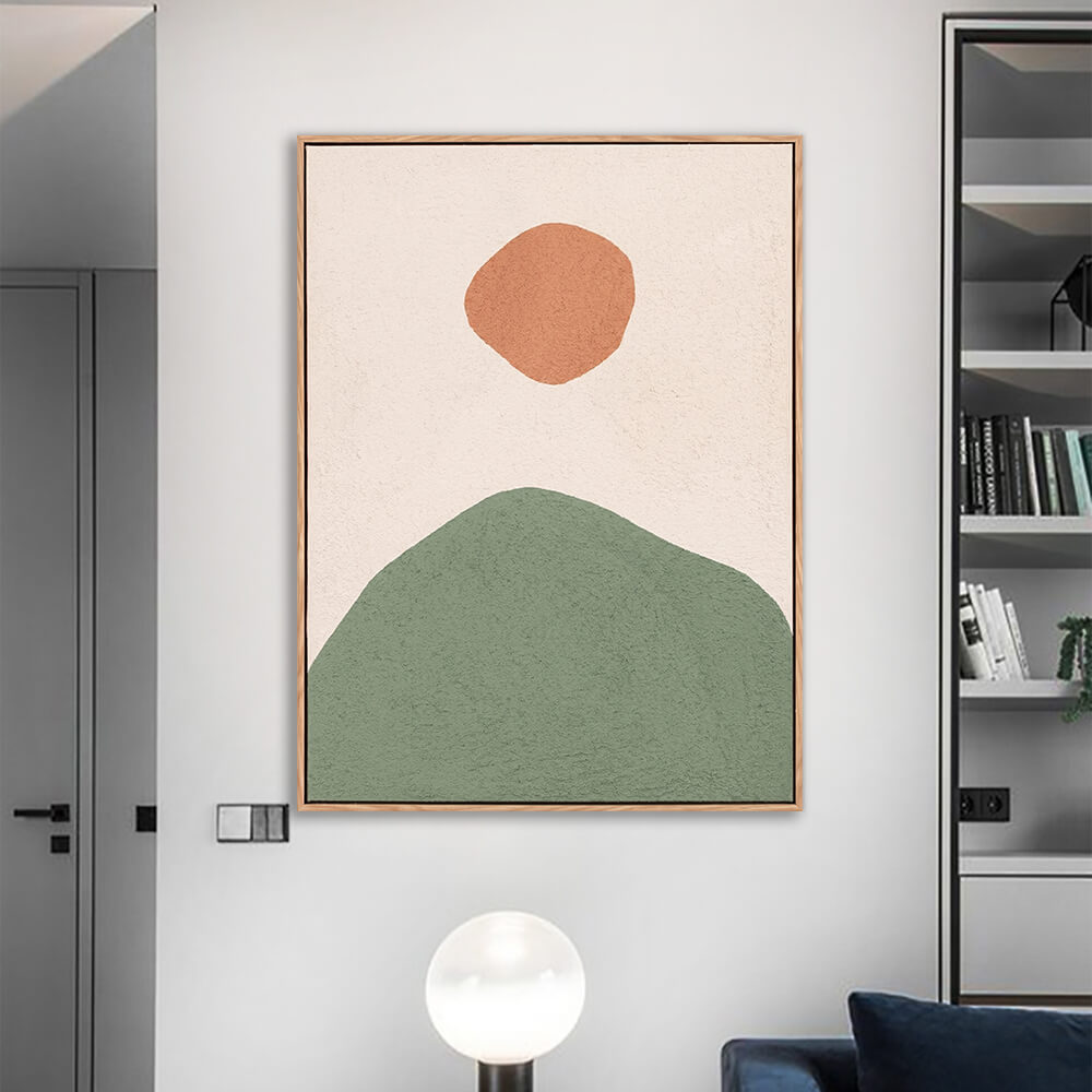 Contemporary Scandinavian minimalist mountain and sun painting with textured surface, green hill and terracotta sun on beige background