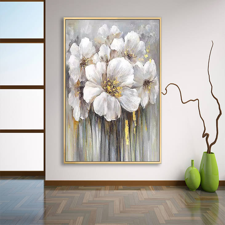 Gold-Accented White Floral Handmade Canvas Art #YX242