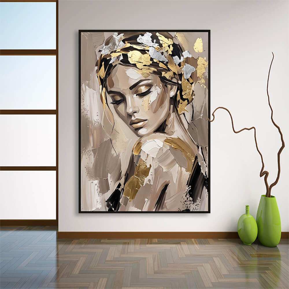 Golden Grace: Abstract Woman Portrait Hand Painted Canvass YV6