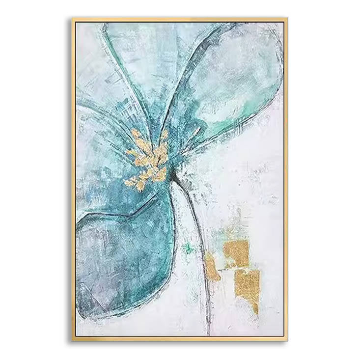 Teal Gold Abstract Floral Hand-Painted Wall Art #YX244