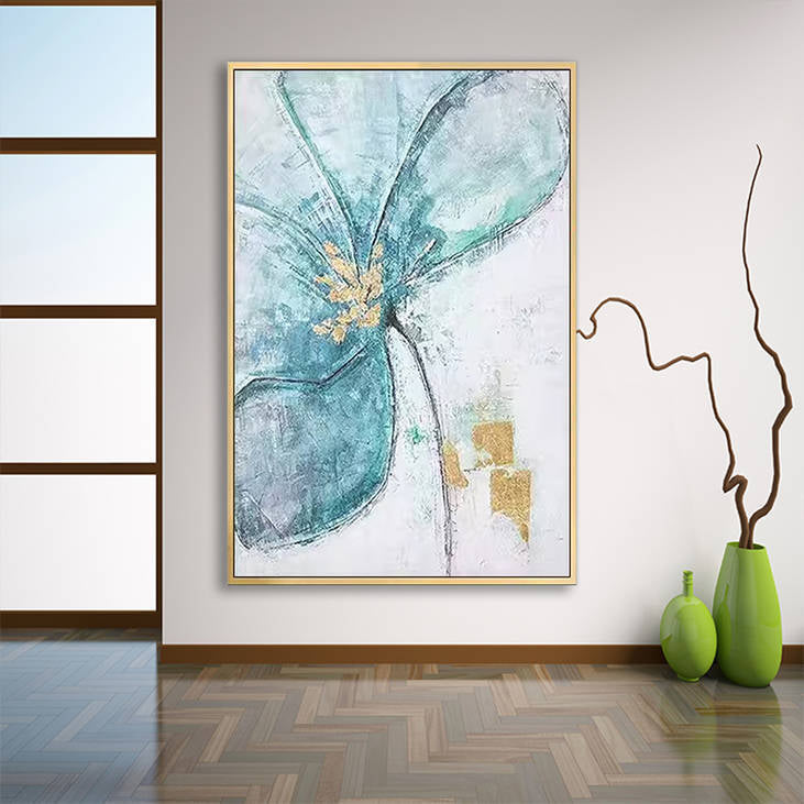 Teal Gold Abstract Floral Hand-Painted Wall Art #YX244
