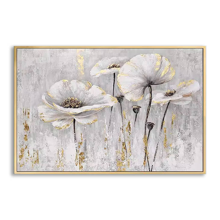 Handmade White Gold Floral Canvas Art #YX255