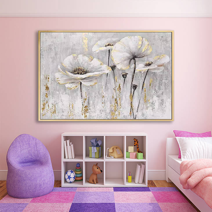Handmade White Gold Floral Canvas Art #YX255