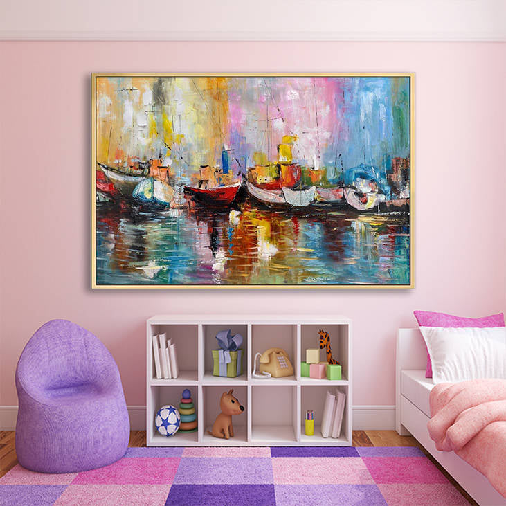 Bold Color Handmade Harbor Boat Abstract Art #YX257