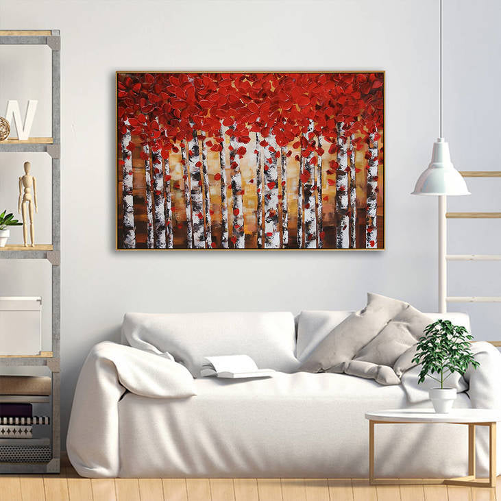 Handmade Birch Forest Red Leaf Canvas Painting #YX359